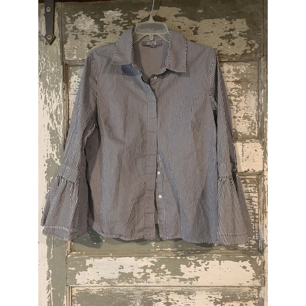 Marled by Reunited Women Tops Blouses Large L Grey Striped Cotton